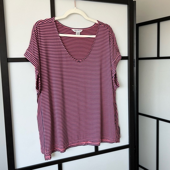 [L] Tommy Bahama Pink & Purple Striped V Neck Short Sleeve Tee Women - Picture 2 of 11